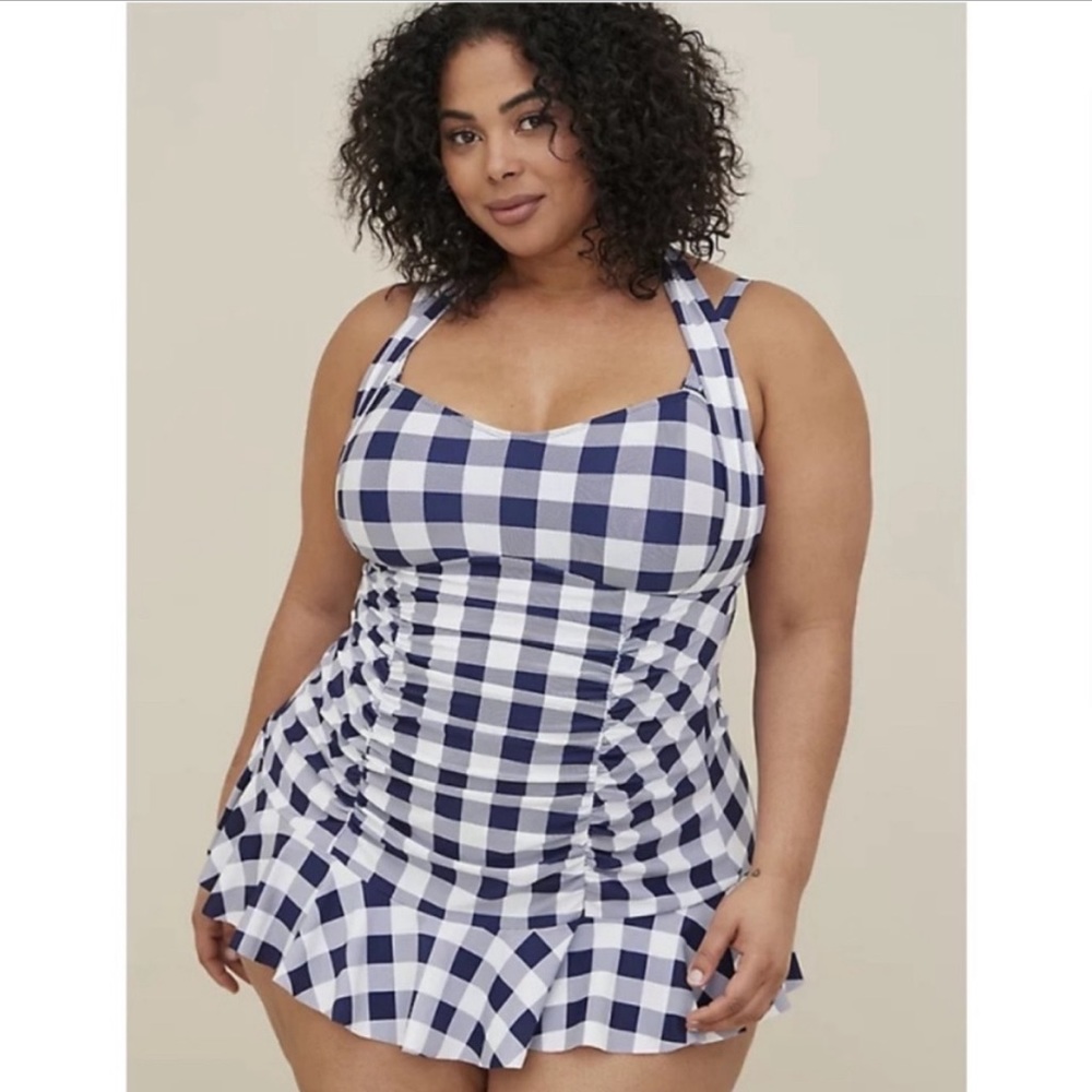 Torrid 3 Womens Plus Size 3X Retro Gingham One Piece Swim Dress Blue White